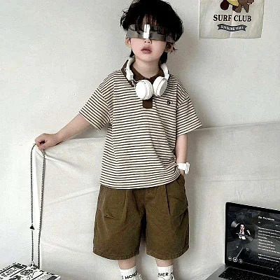 Boys Summer Beige Stripe T-Shirt Shorts Set
